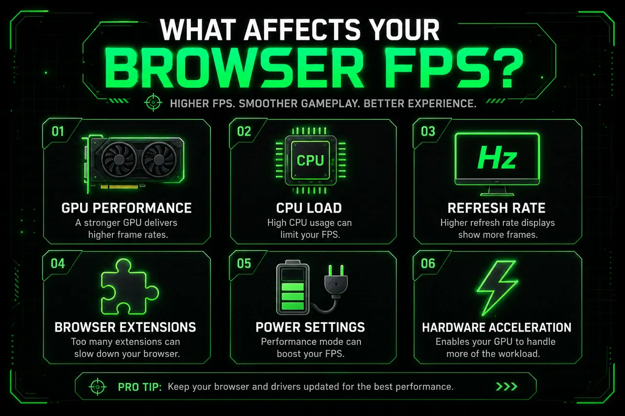 Infographic showing what affects browser FPS: GPU, CPU load, refresh rate, extensions, power settings, hardware acceleration